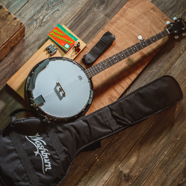 banjo with gig bag and accessories