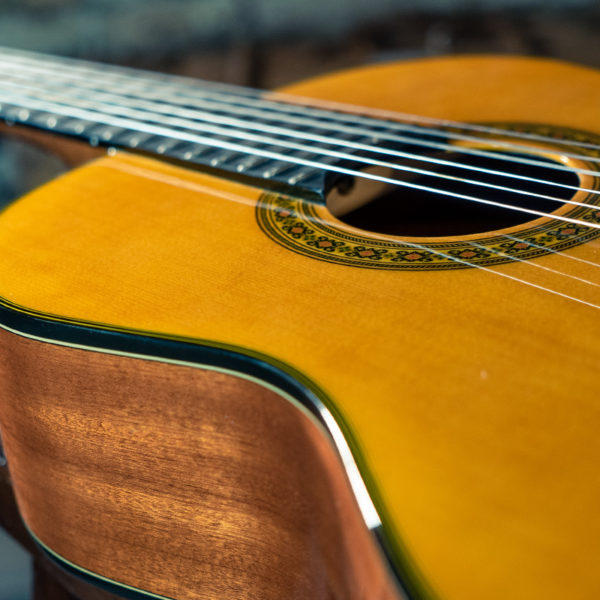 closeup of body of Washburn classical guitar