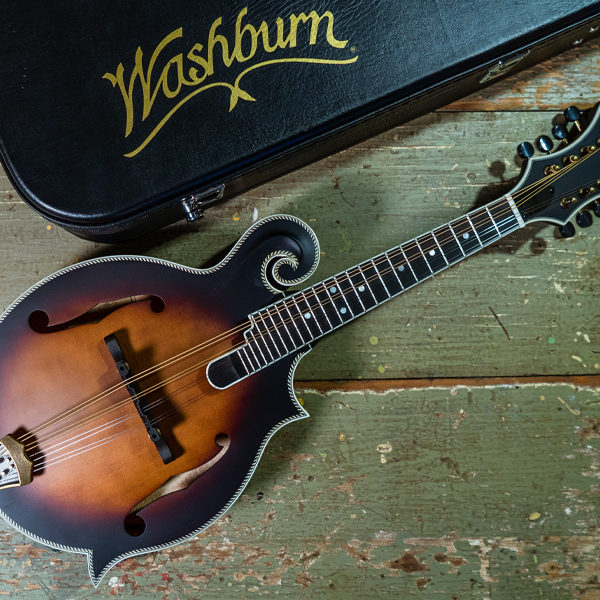 Washburn mandolin beside Washburn case