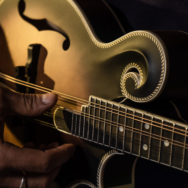 closeup of man's hands playing Washburn mandolin