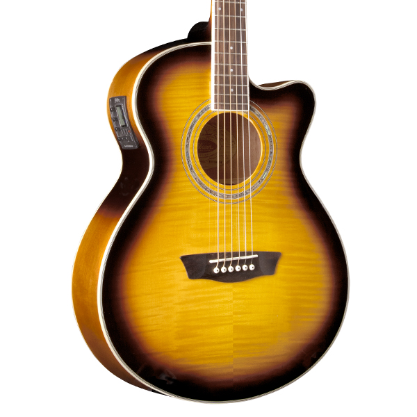 body of yellow Washburn acoustic guitar