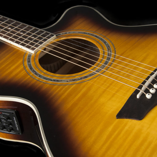 closeup of body of Washburn acoustic guitar