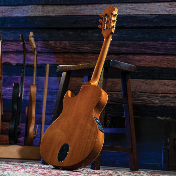 back view of guitar leaning against stool