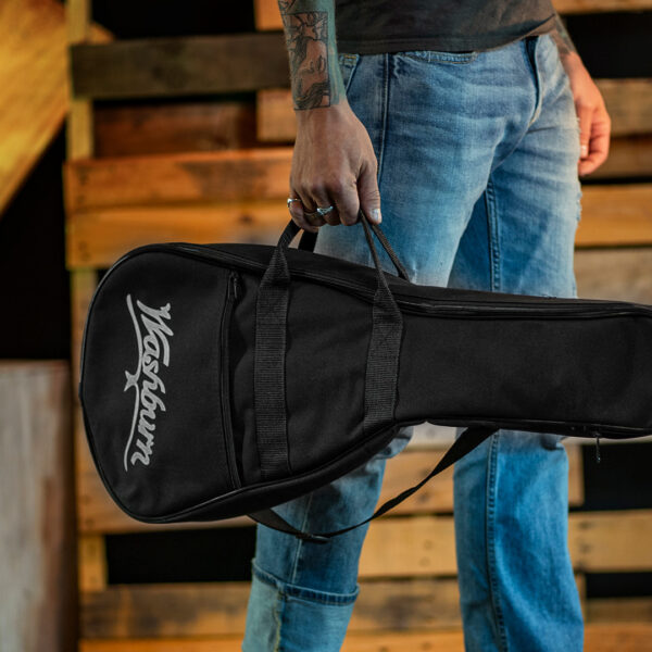 partial view of man holding gig bag