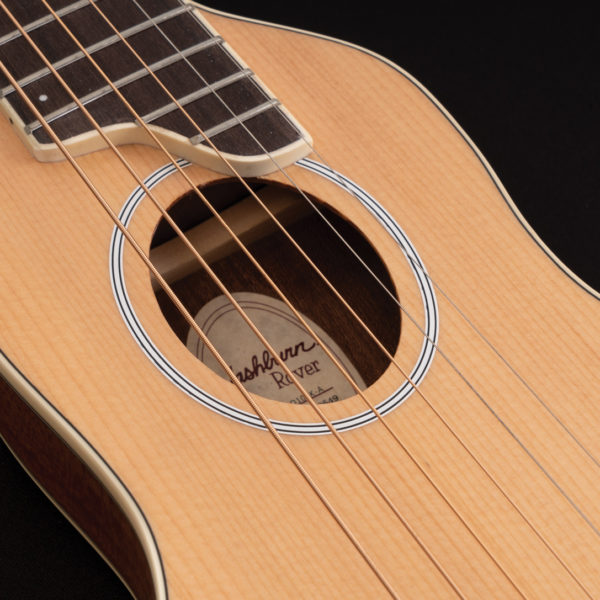 RO10SK Rover Travel Guitar close up of the sound hole and roseette