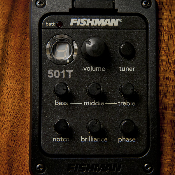 closeup of Fishman electronics on Washburn acoustic electric guitar