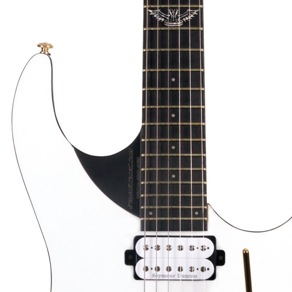 close up of parallaxe david palau signature model M10FR neck pickup and 12th fret inlay