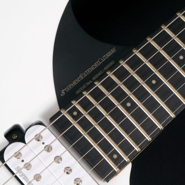close up of stephens extended cutaway on a parallaxe david palau signature model M10FR