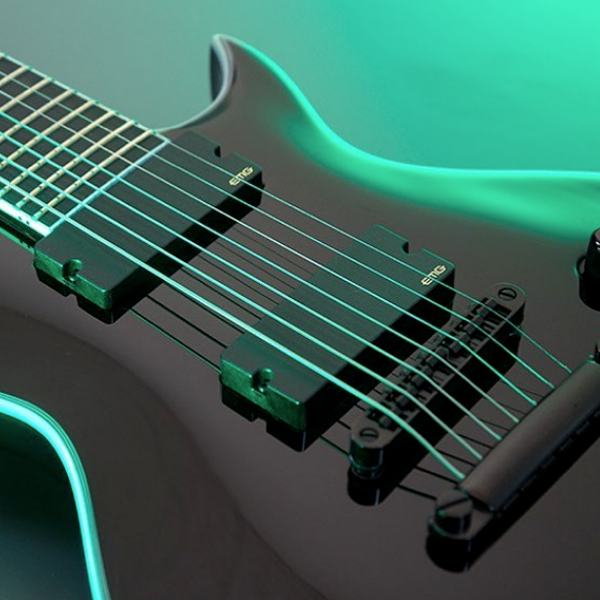 closeup of body of black Washburn electric guitar