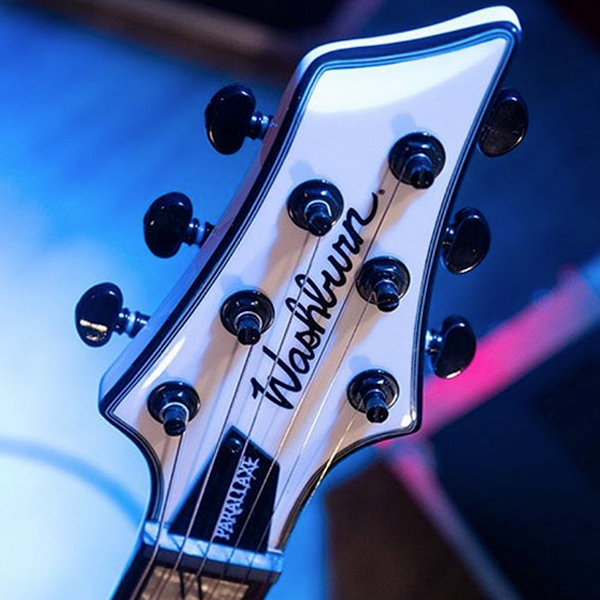 white Washburn electric guitar headstock