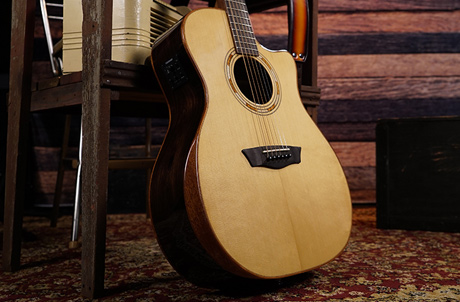 closeup of body of Washburn acoustic guitar