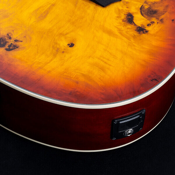 angled view of the top and output jack on the Deep Forest Burl ACE Amber Fade