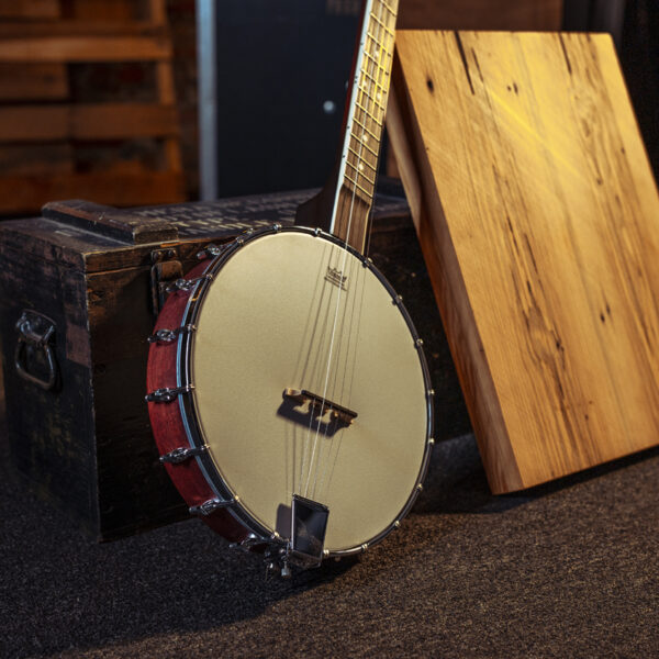 a Washburn B7 Banjo leaning against a vintage camera box